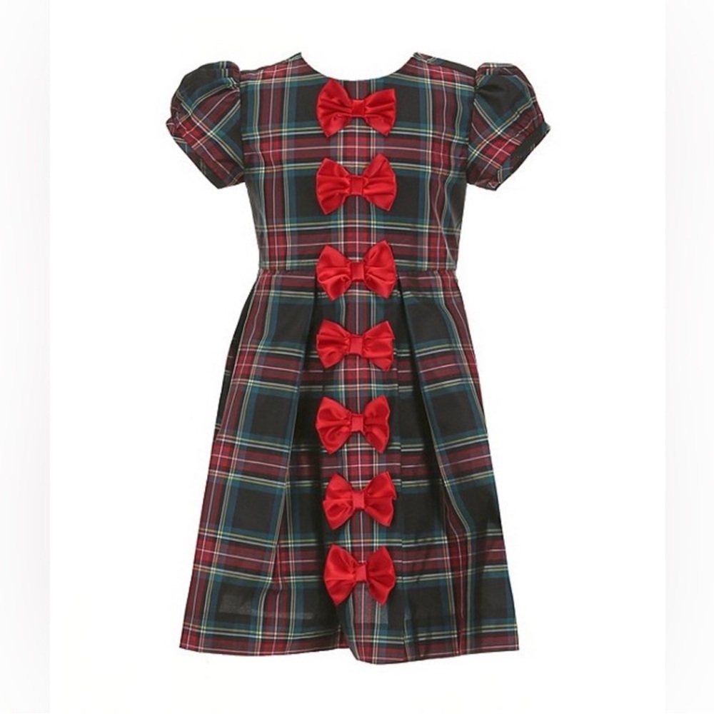 NWT Rachel Riley Girls Short Sleeve Plaid Bow Party Dress